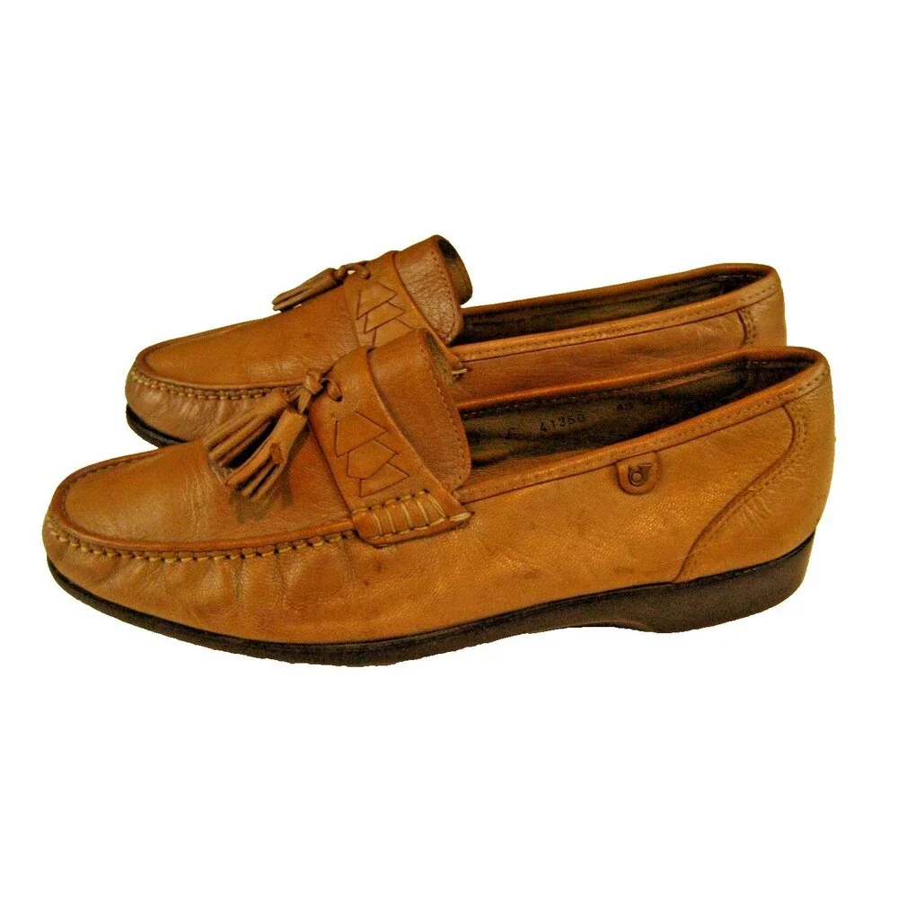 Mens French Shriner Tan Leather Tassle Dress SlipOn Moc Toe Loafer Shoes sz 8.5W